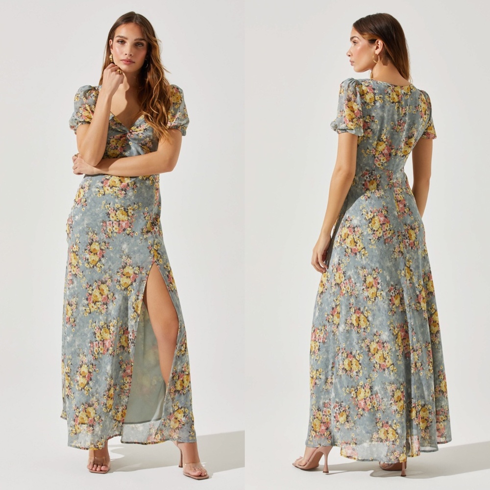 NEW ASTR The Label SLATE Yellow SWEETHEART NECK Floral TWIST BUST Maxi DRESS XS